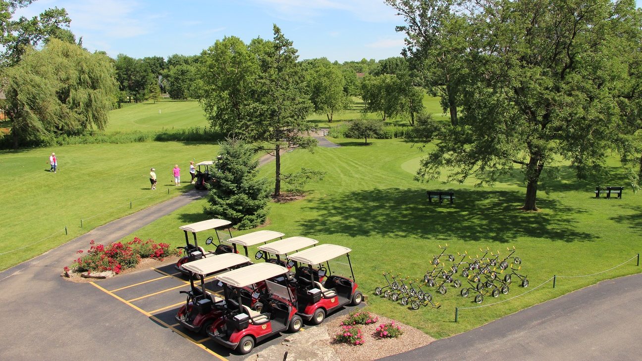 golf carts parked next to cart path